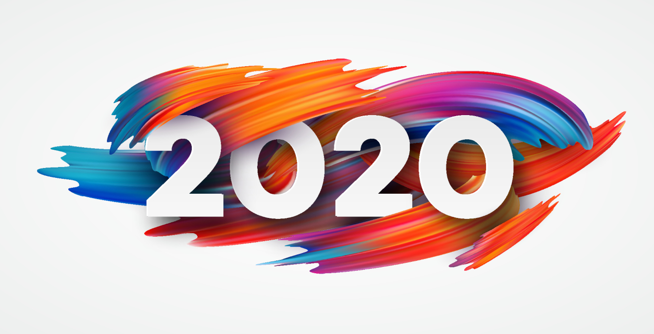 2020" text overlaid on a colorful, abstract paintbrush stroke background.