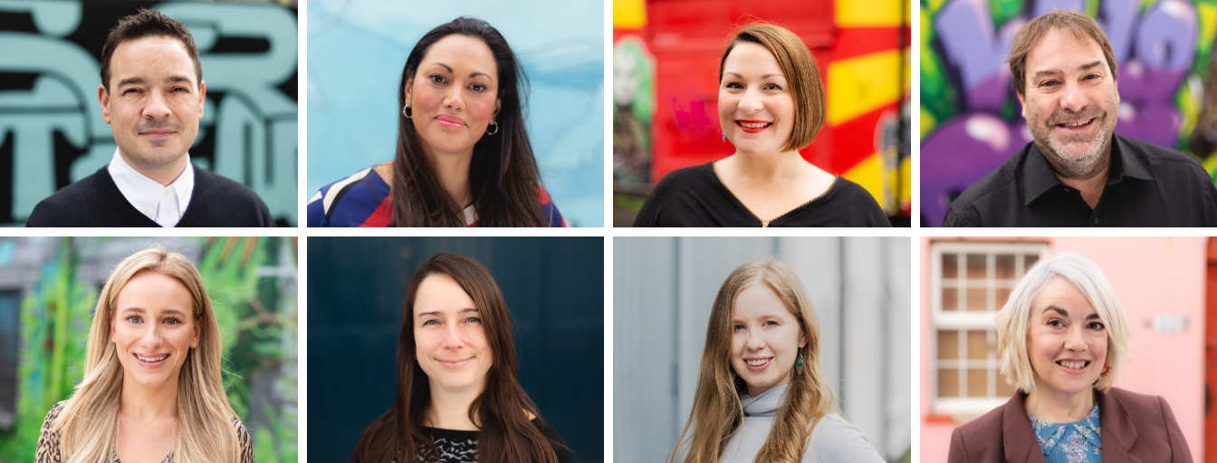 A grid of 8 professional headshots, showing a diverse group of individuals smiling at the camera. Backgrounds include colorful murals and urban settings.
