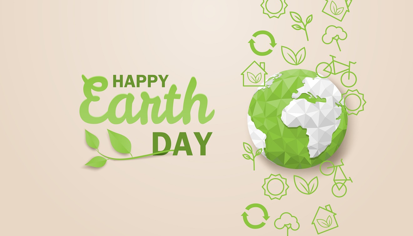Illustration of a green and white Earth with "Happy Earth Day" text, surrounded by eco-friendly icons such as recycling symbols, leaves, and bicycles on a beige background.
